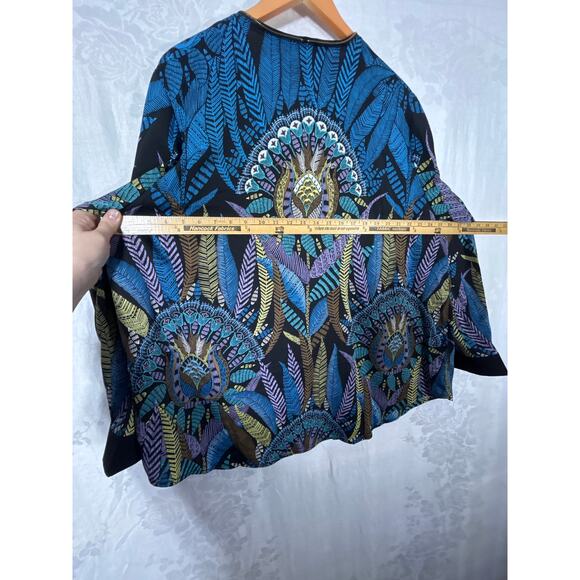 Bob Mackie Top 2X Black Blue Purple Feather Print 1/2 Zip Satin Tribal Peacock - Picture 9 of 10